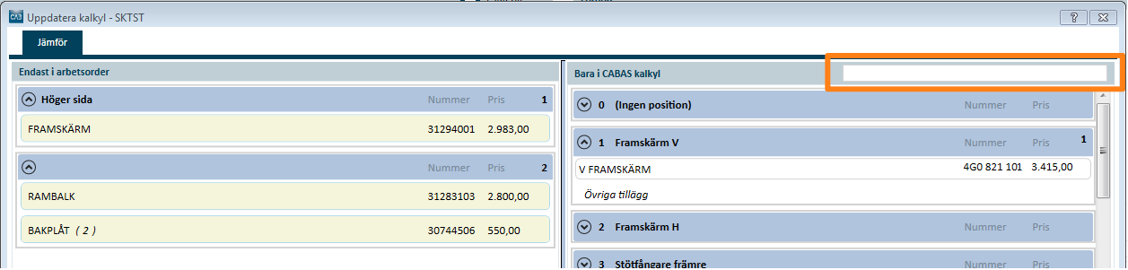 Ny funktionalitet i jämförelsedialogen Uppdatera kalkyl vid affärssystemsintegration Nu finns möjligheten att via ett filter (se markering på bild nedan) söka fram alla reservdelar som finns på vald