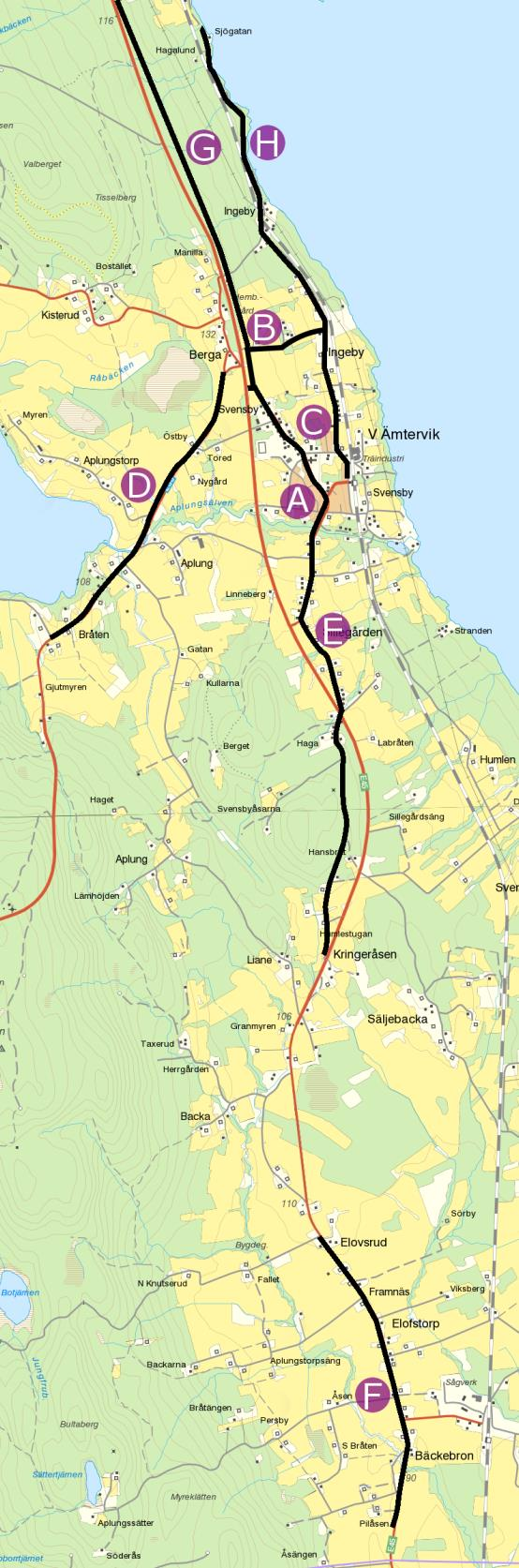 5 (14) tillfredsställa behov av skola, jobb, affärer, service och rekreation. Ett ytterligare förslag är en gc-bro (G) från Älvgatan/Strandgatan på västra sidan Frykens sund.