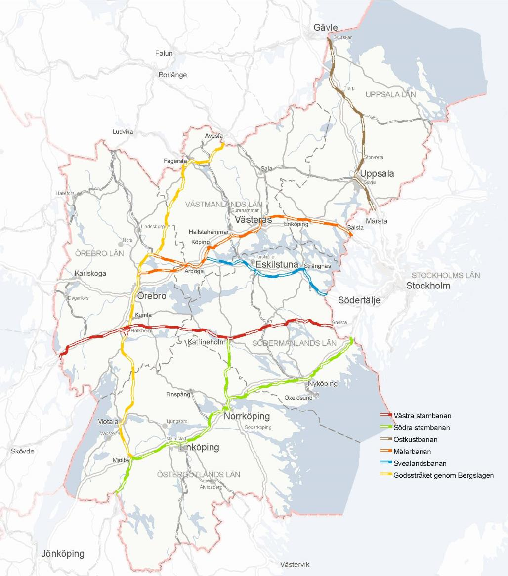 Viktiga stråk i region Öst - järnväg Låsningar: