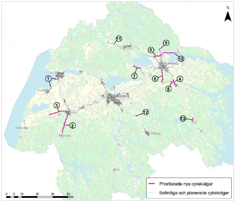 Genomförande De 13 stråk som identifierats att arbeta vidare med är följande: ~ 75 km ~ 260 Mkr