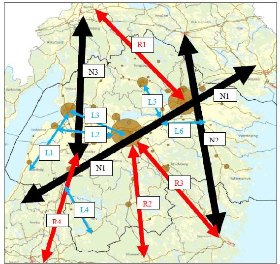 Viktiga nationella/regionala/ lokala transportstråk Nationella stråk (svarta): N1 (Stockholmsregionen-) Nyköping-Norrköping-Linköping-Mjölby-Ödeshög-Jönköping (-Göteborgs /Skåneregion) N2