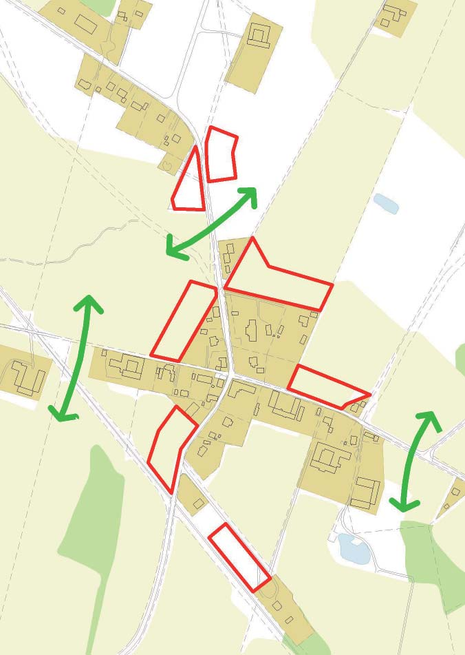 Detaljkarta bykärnan Positivt förhandsbesked har lämnats för ett bostadshus. Två tomter på betesmark. Viktigt att bibehålla trädridån mot nordväst. Tillfart bör ske samordnat uppifrån backen i söder.