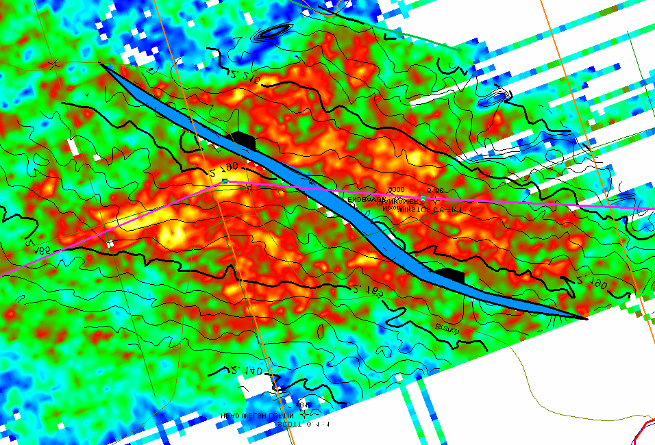 Kendleton Prospect Amplitude Map with Structural Contour overlay