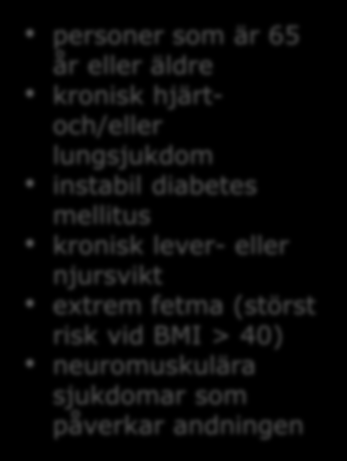 lever- eller njursvikt extrem fetma (störst risk vid BMI > 40) neuromuskulära sjukdomar som påverkar