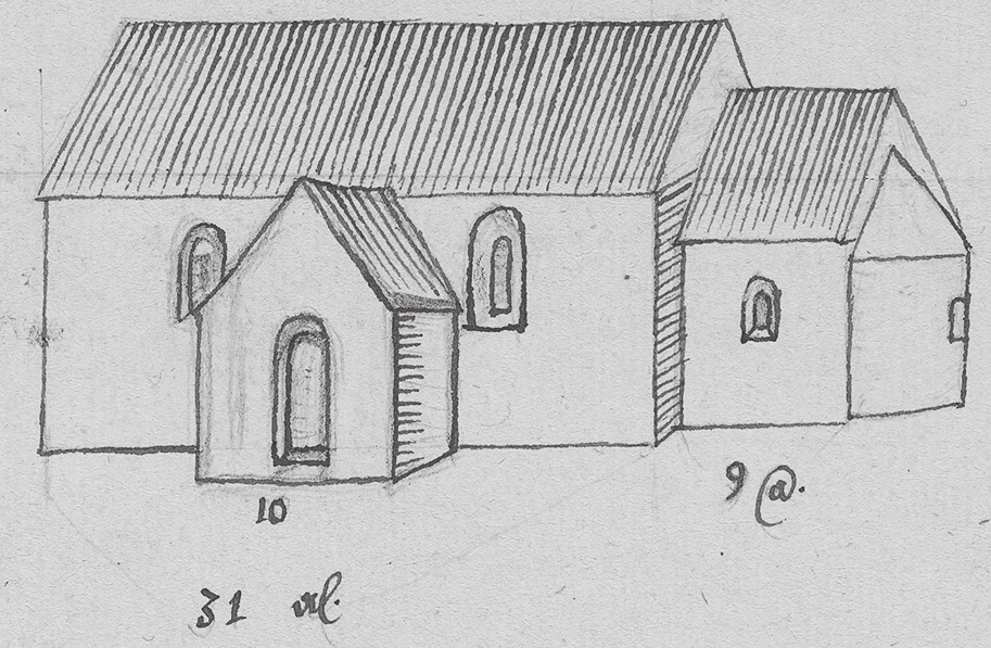 52 Selebo härad Kärnbo kyrka, teckning ur Johan Peringskiölds Monumenter i Södermanland från 1684. Foto: KB.
