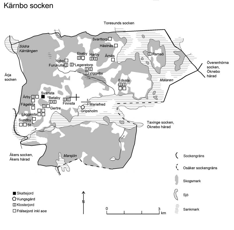 54 Selebo härad Kartan visar antal gårdar på 1550-talet (SöH). Angående klosterjorden (Mariefreds kloster), se inledningen s 11.