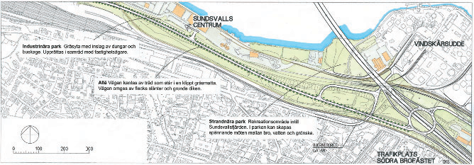 Alternativets sträckning Alternativet med en bro över Sundsvallsfjärden startar vid Vindskärsudde med en trafikplats i form av en överliggande cirkulationsplats.