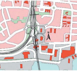 Norra trafikplatsen Utformning Norra trafikplasten utformas också som en överliggande cirkulationsplats, se figur. E4 genom den norra trafikplatsen schaktas ner c: a 10 m.