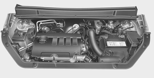 Service och underhåll Dieselmotor (1.6L) 1. Kylvätskebehållare 2. Påfyllningshål för motorolja 3. Behållare för spolarvätska 4. Mätsticka för motoroljenivå 5. Kylarlock 6.