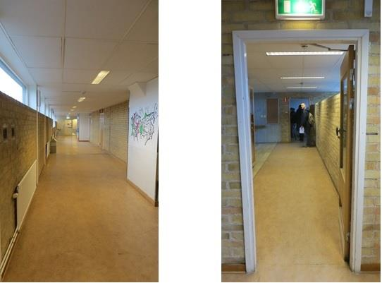 Figur 35 Bilden till vänster visar korridoren på plan tre i riktning mot nästa byggnadsdel och den till höger visar korridor i riktining mot trapphuset. 6.4.