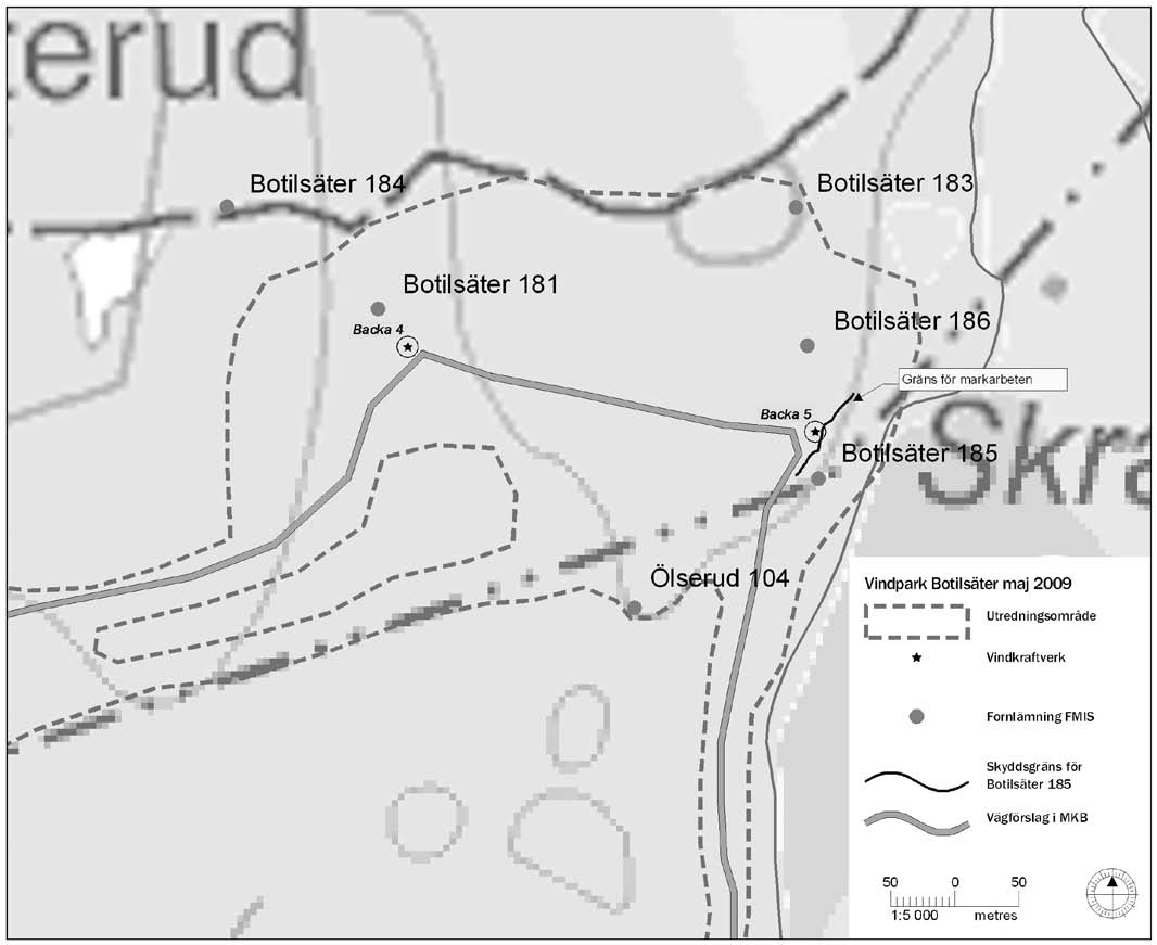 Ill. 2. Detaljkarta över området vid verksplats 5 inom Vindpark Botilsäter. Gräns för skyddsområde för Botilsäter 185 har markerats på kartan.