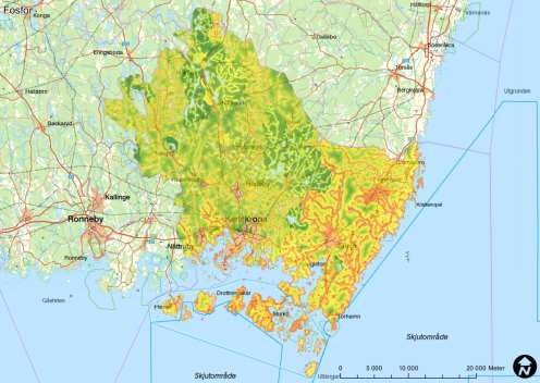 Figur 1. Karta som visar resultatet av sammanvägd risk för påverkan från utsläpp av fosfor.