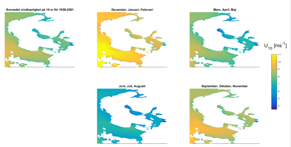 Kartor över årsmedel och säsongmedel I Figur så visas kartor för årsmedelvärden för vindhastighet på 10 m höjd samt medel över de 4 säsongerna.