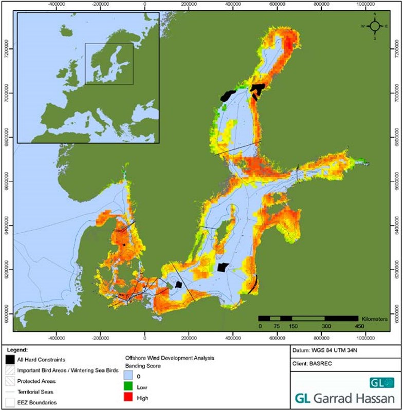 tekniska utvecklingen sedan framtagandet av studien är denna siffra mindre intressant än de redogörelser som visar hur områden i Östersjön med de bästa förutsättningarna är fördelade.