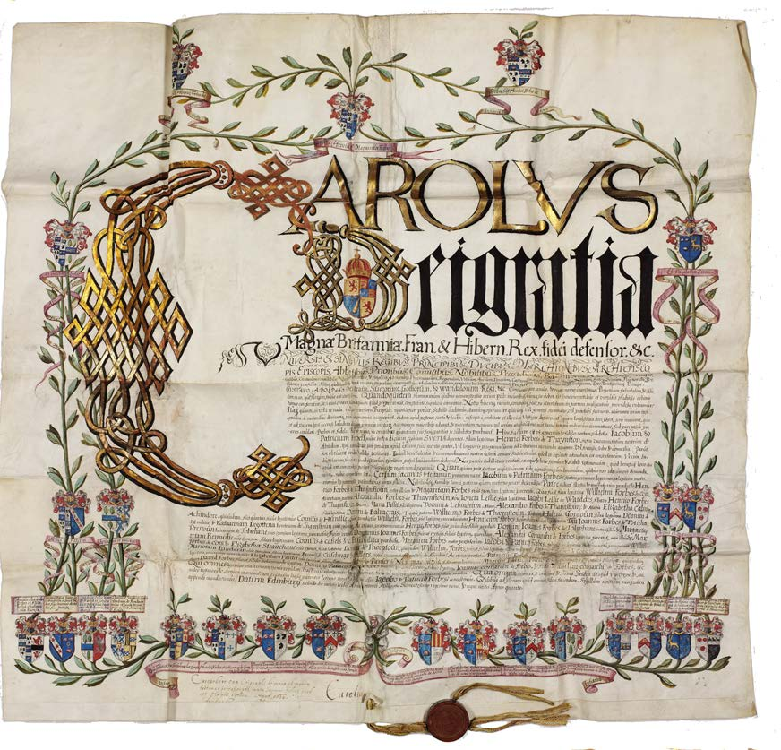 Ovan ett adelsbrev utfärdat 1629 av Karl I av