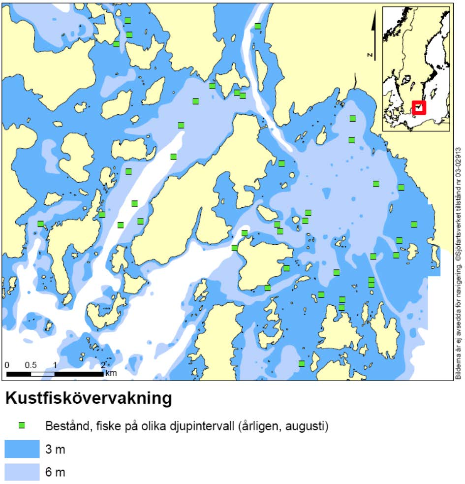 Karta över Torhamn Resultat kustfiskövervakningen Temperatur, siktdjup och salthalt Medelsiktdjupet i samband med provfisket i augusti 2002-2015 har varierat mellan 3,4 meter och 7,1 meter.