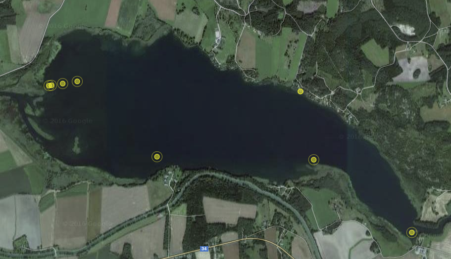 Makrofyter i Norrbysjön och Stråken / Inventering i Östergötland 2016 Figur 2. Uddnate förekom från 1,0-3,6 m djup i hela sjön men var inte särskilt talrik. Karta från Artportalen.
