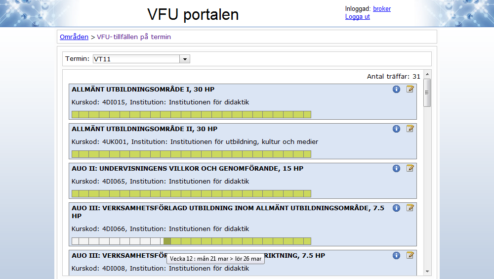 18. Terminsöversikt Terminsöversikten visar vfu-tillfällen på en viss termin.