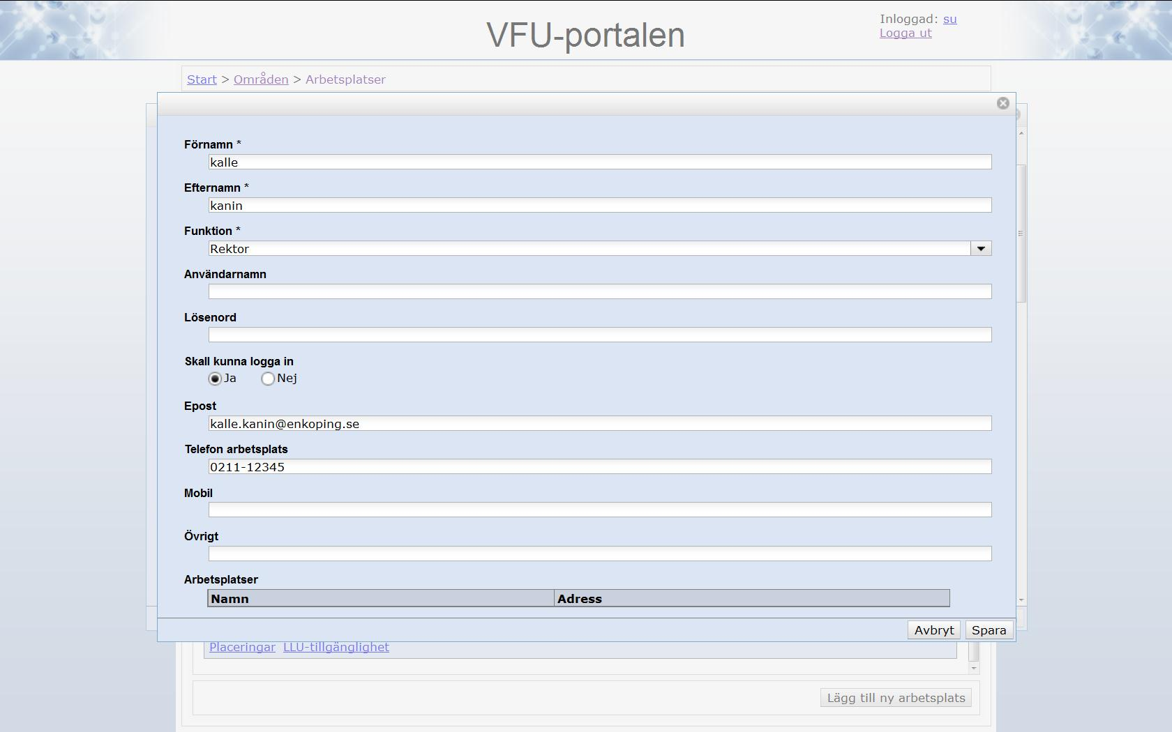 6. Lägg till arbetsplatsansvarig/handledare Klicka på Lägg till vid arbetsplatsansvarig om du vill lägga till en person som arbetsplatsansvarig eller handledare som redan finns i systemet.