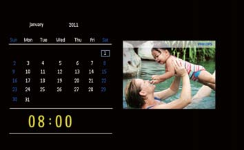 6 Klocka och kalender Du kan visa klocka och kalender i bildspel eller visa klockan separat.