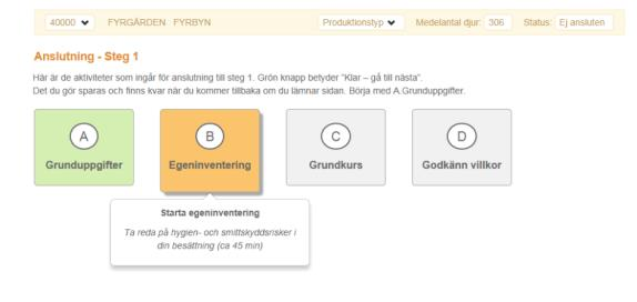 Steg 1 Egeninventering Enkät på webben med utfall per område Djurkontakter Hygien och hälsoövervakning Personkontakter Transporter och