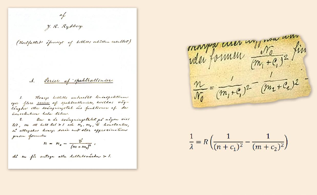 Serieformeln I Lund beskrev Rydberg sitt arbete vid ett sammanträde i Matematisk-Fysiska Föreningen 1888. Idag skrivs formeln så här: Rydbergs rapport 1887 till Vetenskapsakademin.