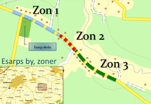 Bild 1 Zoner som väggruppen delat in byn i Esarps by delades in i tre zoner för att skapa tydlighet i materialet Zon 1, från västra infarten längs raksträckan Zon 2, från första kurvan fram till
