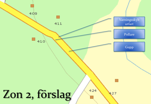 Zon 2 Bild 3 Förslag, zon 2 För att minska farten bör ett gupp (helst) anläggas, alternativt vägkudde eller en mötesplats när vägen avsmalnas med dubbla trottoarer och ett naturligt övergångsställe.