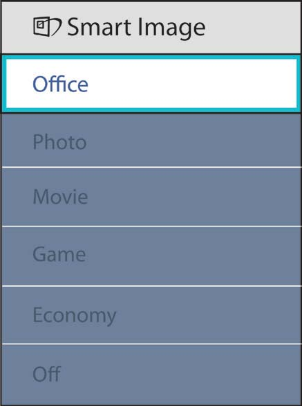 Det finns sex lägen att välja mellan: Office (kontor), Photo (bild), Movie (film), Game (spel), Economy (ekonomi) och Off (av). 3.2 SmartContrast: Vad är det?