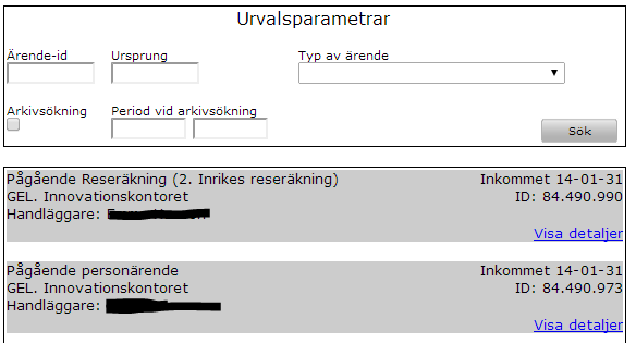 Söka ärenden Klicka på fliken Min sida, klicka därefter på rubriken Mina ärenden. Här finns alla ärenden som är gjorda. Pågående ärenden visas automatiskt på första sidan.