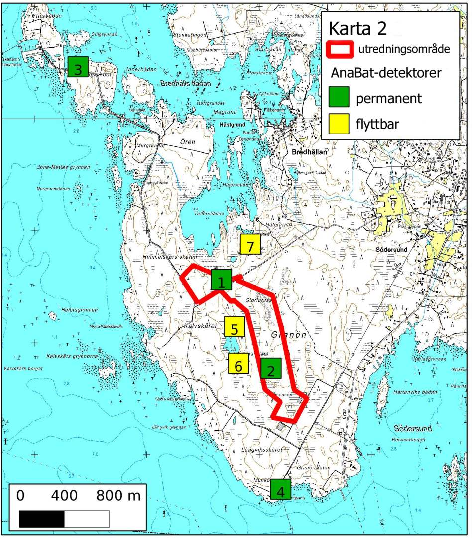 platsen över natten. Detektorn fördes till de fladdermössområden som på förhand bedömdes vara bäst (3 st, karta 2). Karta 2. AnaBat-apparaternas placeringar på utredningsområdet.