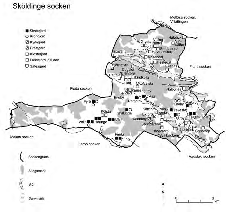 Sköldinge 233 Kartan visar Sköldinge socken under 1550-talet (SöH). *Bränntorp 1557 Brenttårp (EbAJb) låg ca 200 m öster om Pattala (GeomJb C8:16, 1688).