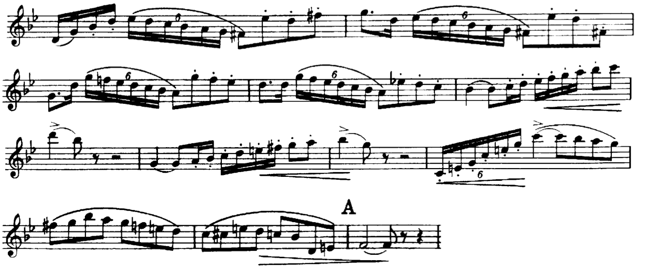 Ex. 2: Sats 1, takt 12-18 Nästa exempel består av rytmiskt repetitiva motiv såsom sextolen som börjar i takt 17 och som upprepas först en gång, och sedan två gånger som ett sekvensmönster.
