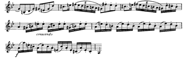7: Sats 1 takt 80 I takt 81 återvänder A-temat med ett svagt motiv i pianot följt av trumpeten som upprepar andra halvan av A-temat som det står beskrivet i ex 2.
