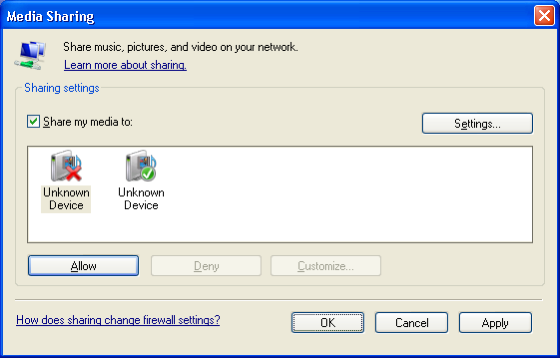 Windows Media Player v11 på Windows XP Ställa in för nätverksdelning I Windows Media Player väljer du Library (Bibliotek) på menyn och väljer sedan Media sharing (Mediedelning).