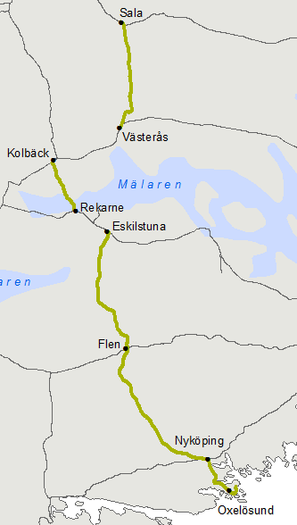 Sala-Oxelösund Flens övre Eskilstuna km 61+221-100+360 för varaktig hastighetsnedsättning på hela eller delar av sträckan på grund av dåligt spår Rekarne Kolbäck.