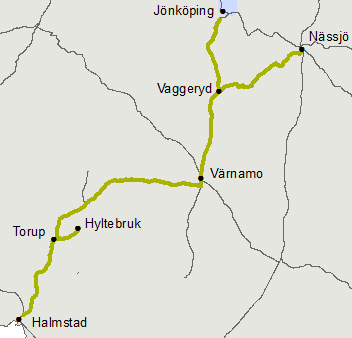 Nässjö-Halmstad för varaktig nedsättning till Sth 80 mellan Landeryd - Torup km 136+257-156+210 samt Oskarström - Åled km 176+844-184+670 på grund av dåligt spår. Bro över Storån i Forsheda.