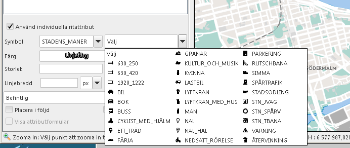 Nu kan du välja symbol i symbolfonten Stadens manér : Klicka på Fyllfärg för att välja färg på symbolen. Välj mellan färgerna under Stockholms palett för att följa stadens grafiska profil.