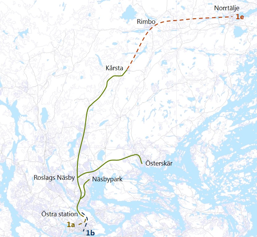 13(29) 4.2.2 Förlängning av Roslagsbanan Fyra alternativ innebär utbyggnad av Roslagsbanan Alt 1a Roslagsbanan till Odenplan via tunnel vid Stockholms östra Alt 1b Roslagsbanan till Centralen via