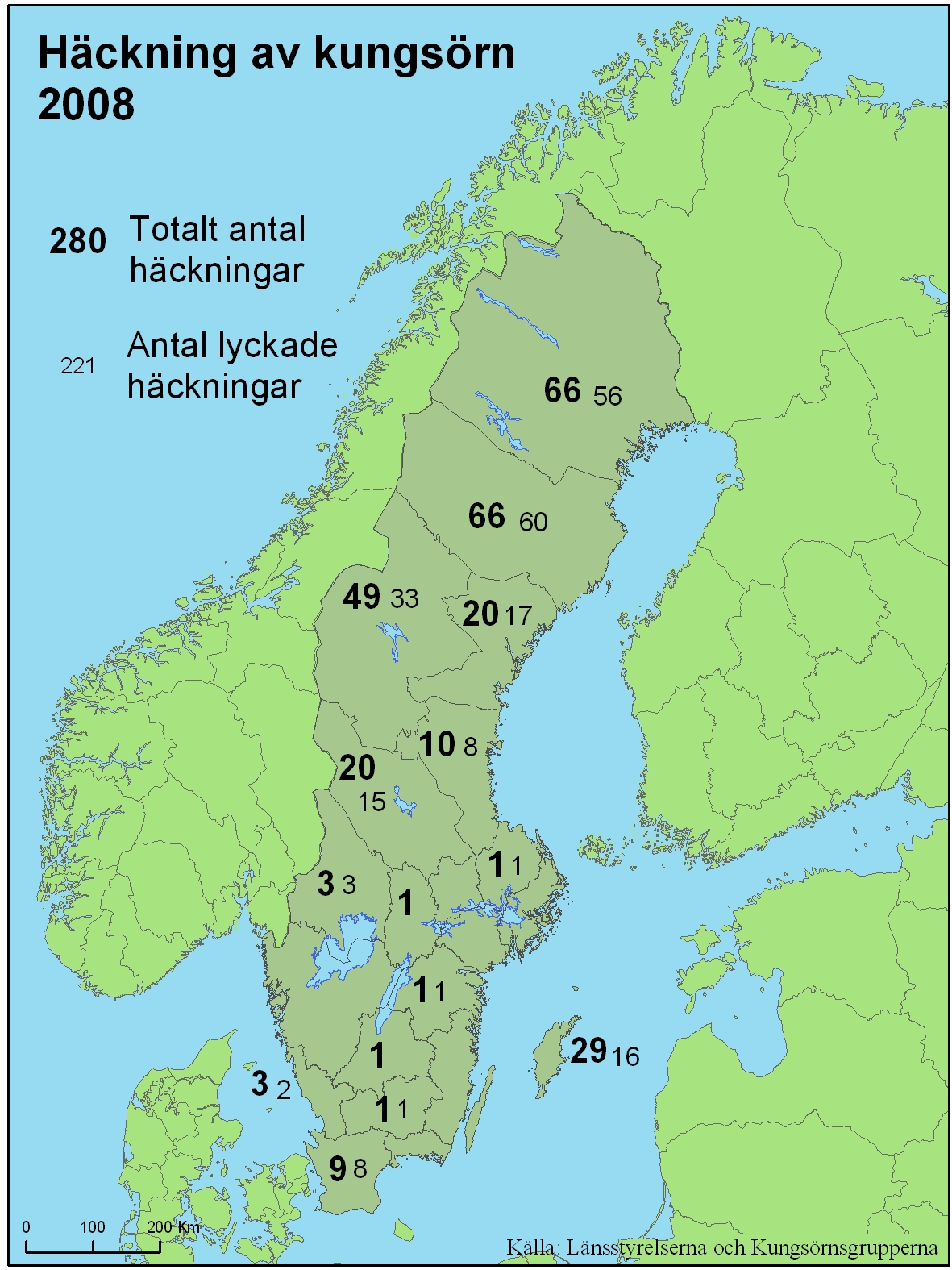 Figur 2. Antal häckningar av kungsörn 2008.