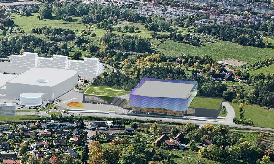Snedbild som visar arenan från en punkt ovanför E4. Bilden visar även ett utbyggt Gränby centrum (planarbete pågår).
