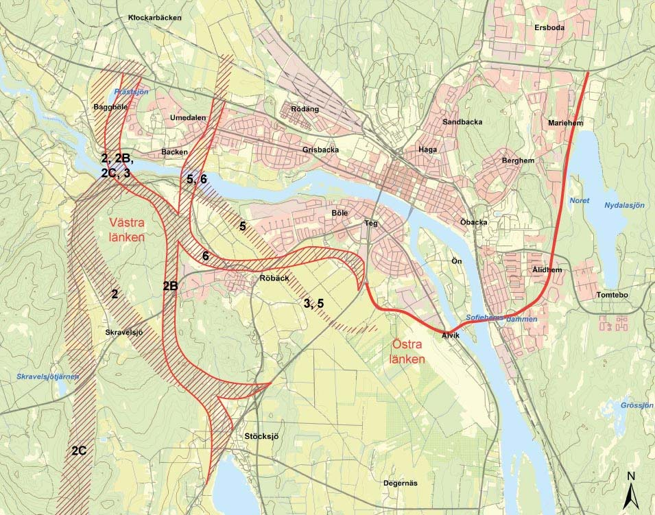 Figur 2.2-2 Utredningskorridorer i väglinjeutredningen. Kombinationsalternativet förordas av Umeå kommun och Länsstyrelsen.