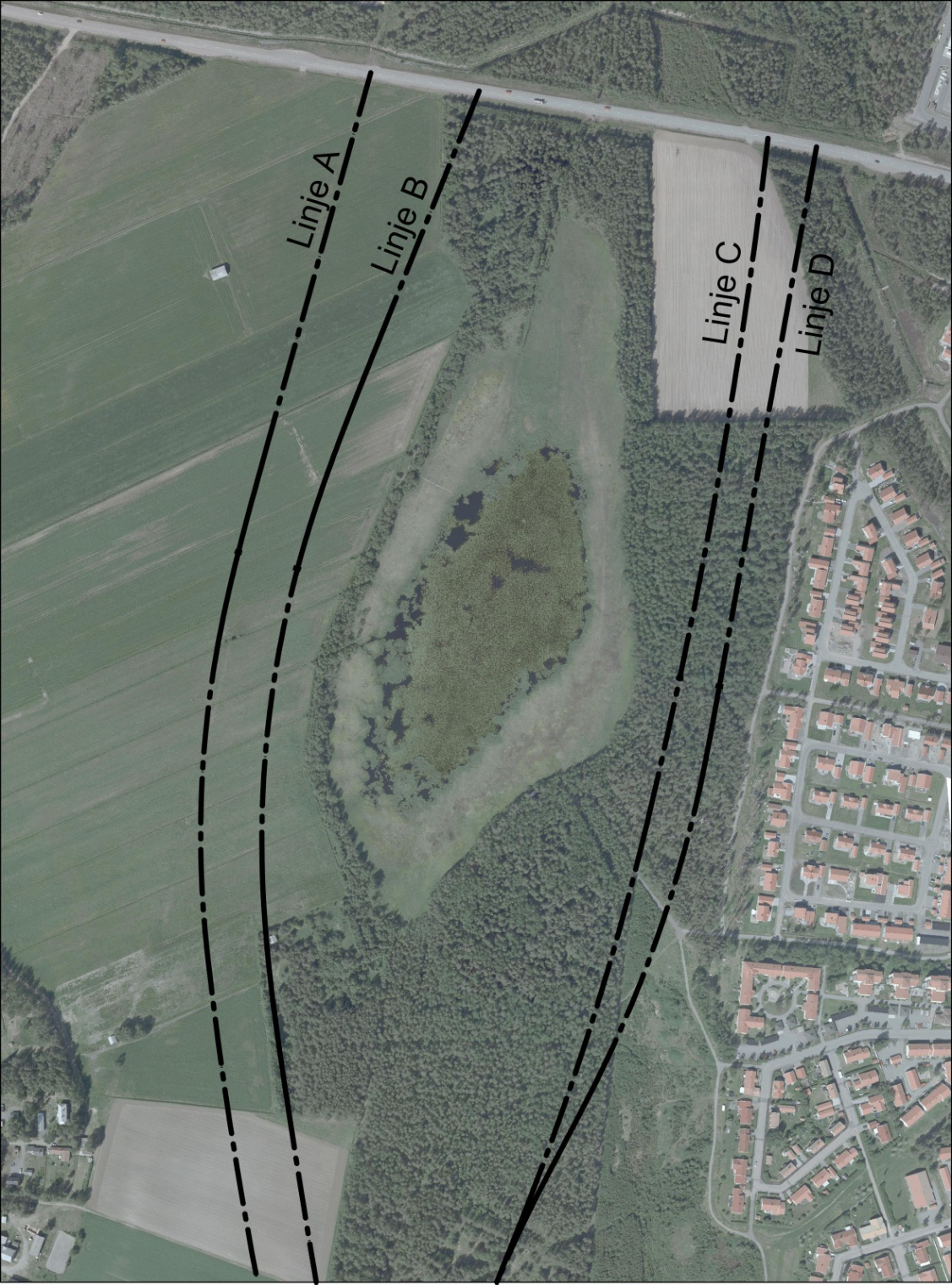 Passage förbi Prästsjön Fyra alternativa väglinjer A, B, C, D förbi Prästsjön har studerats i en särskild utredning (Väglinjeutredning, väster, alternativt öster om Prästsjön daterad 2010.12.05).