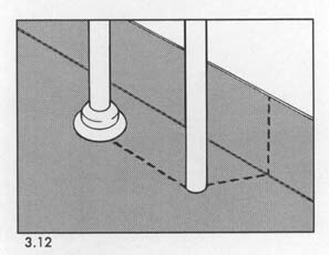 3.12 Runt rör-/rörhylsor intill vägg snittas mattan upp och pressas mot röret/rörhylsan. Snittet läggs enl. streckade linjerna i figuren.