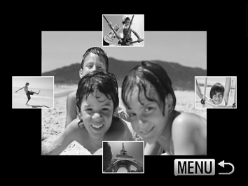 Visa olika bilder (Smart blandare) Kameran väljer fyra bilder utifrån den bild som visas på skärmen.