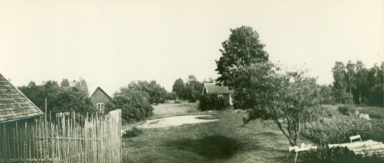 Skvalbäcken på 1920-30-talet. Bilden tagen mot söder. Från vänster syns hönshus med hönsgård. Gaveln tillhör snickarbod med källare.