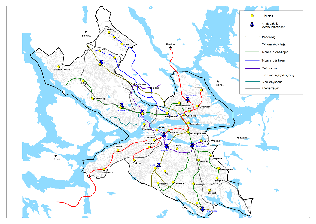 O>1B&-&"B>10*>F-*F>( I Biblioteksplanen poängteras vikten av att stadens bibliotek ligger där stockholmarna rör sig.