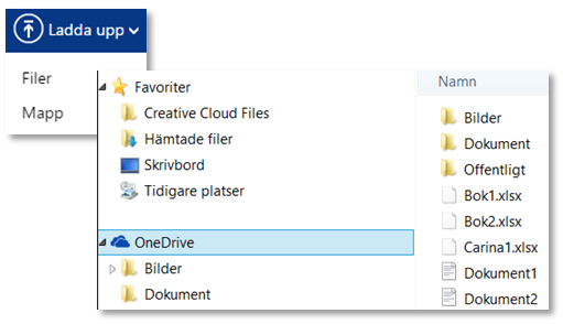 Ladda upp filer i OneDrive Du kan ladda upp filer från din dator, när du befinner dig i OneDrive. 1. Se till att du befinner dig i den mapp du vill att filerna ska hamna i.