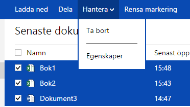 Ta bort dokument från OneDrive 1. Markera aktuell mapp eller fil som ska raderas. Du kan markera flera. 2. Klicka på Hantera och Ta bort. 3.