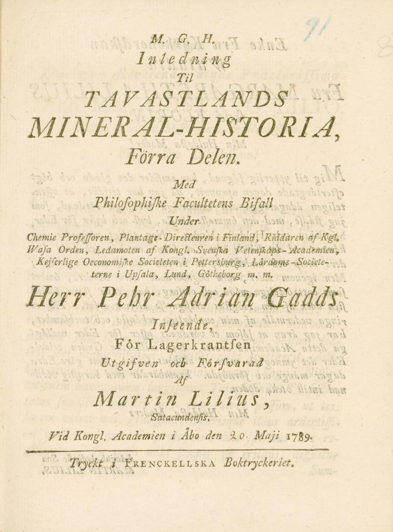 M. G. H. Inledning Til TAVASTLANDS MINERAL-HISTORIA, Förra Delen.
